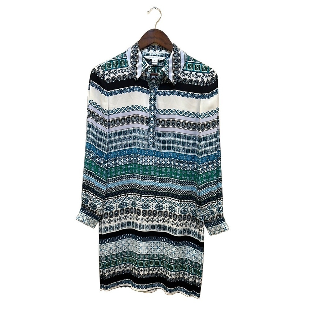 🌼 5/$25 Sale 🌼 Diane von Furstenberg Original Silk Shirt Blue White Sz 2 Y2K